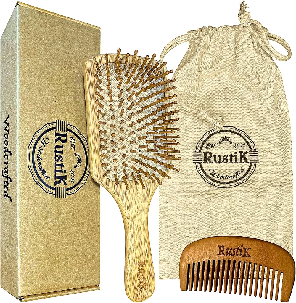 RustiK Bamboo Paddle Brush Set Eco Friendly Handmade Anti Static Gift Travel