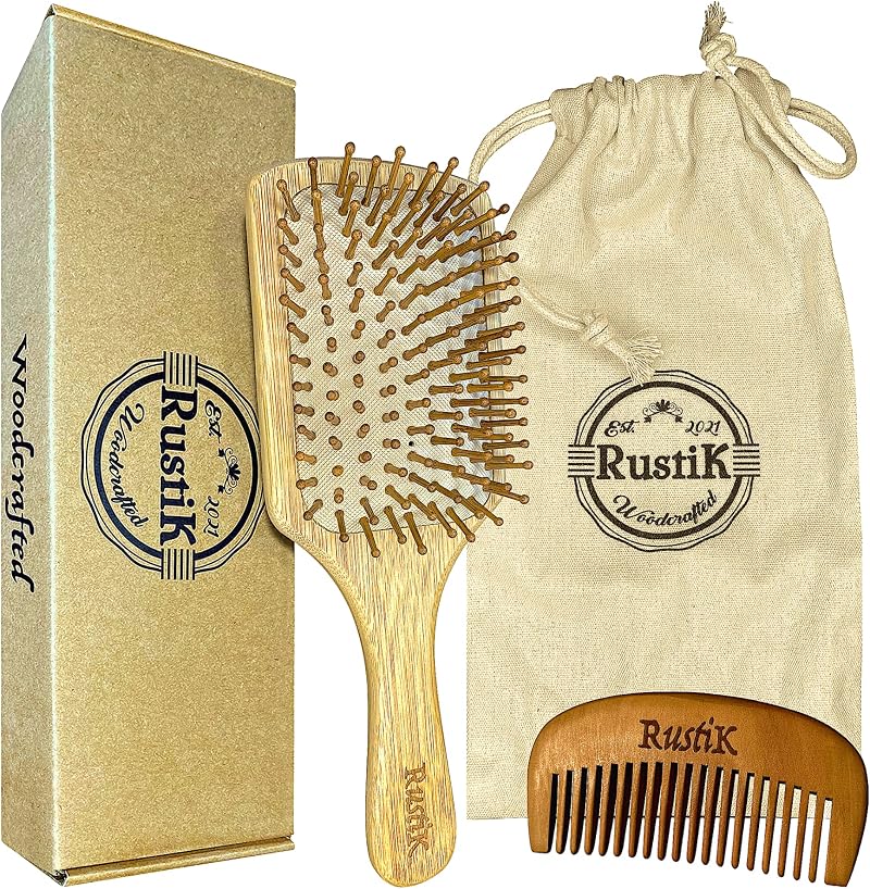 RustiK Bamboo Paddle Brush Set Eco Friendly Handmade Anti Static Gift Travel