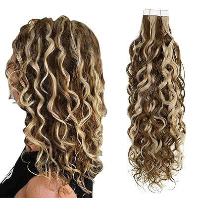 Easyouth Tape in Remy Hair Extensions Human Hair Color Chocolate Brown Highlight Honey Blonde Hair Extensions Curly Hair 18 Inch 50g 20Pcs per Pack