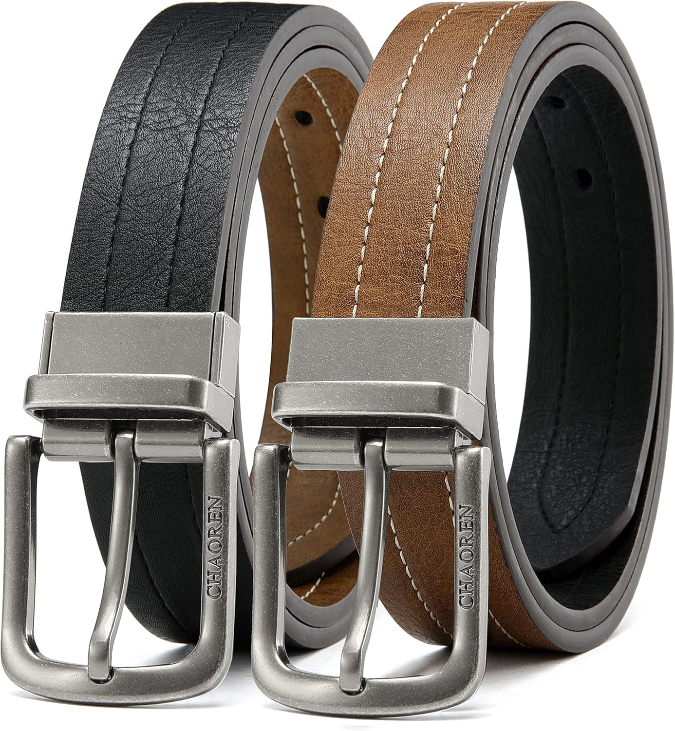 Mens Reversible Leather Belt 1.25", Chaoren Dress Belt Black & Brown