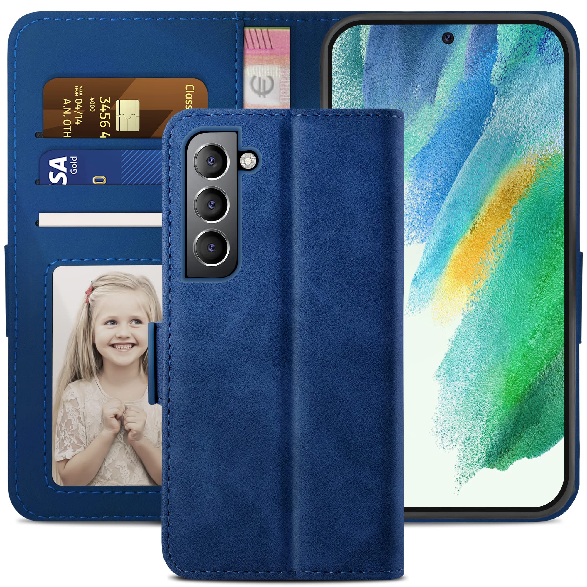 YATWIN Compatible with Samsung Galaxy S21 FE Case, Flip Wallet Leather Case with Card Slot and Shockproof Function Kickstand Phone Cases Cover for Samsung S21 FE - Blue