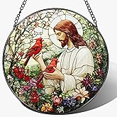 8-Inch Jesus with Cardinals Suncatcher Ornament, Stained Glass Window Hanging & Religious Christmas Ornament, Christian Window Decor — Memorial Gift, Christian Gifts for Her, Religious Gifts