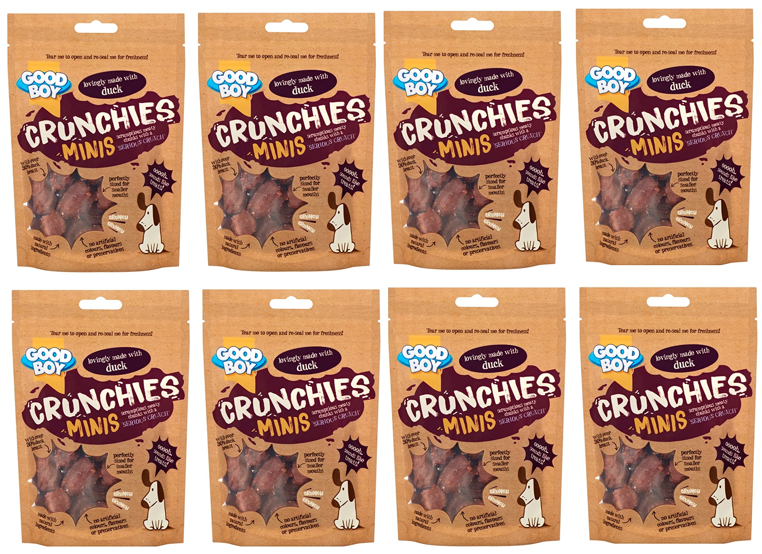 GOODBOY CRUNCHIES MINIS 'SERIOUS CRUNCH' SMALL BITE SIZE NATURAL MEATY CHUNKS DOG CHEW TREATS 60G, CHICKEN, DUCK (Duck, PACK OF 8)