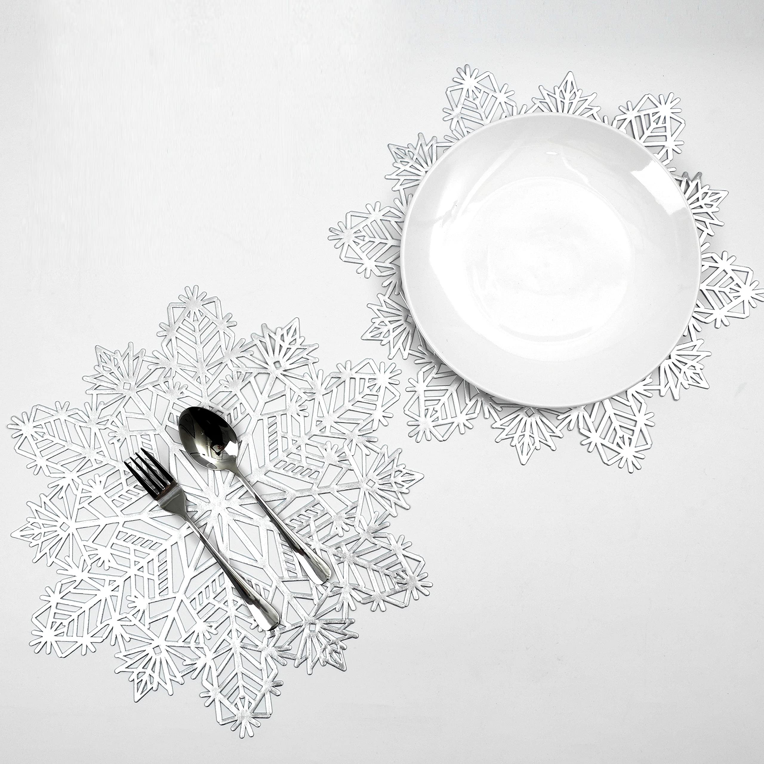 Snowkingdom Snowflake Placemats Sets of 12 Silver Laminated Metallic Vinyl Round 15 inch Diameter Winter Festival Table Decorations for Holiday Party Feast Christmas