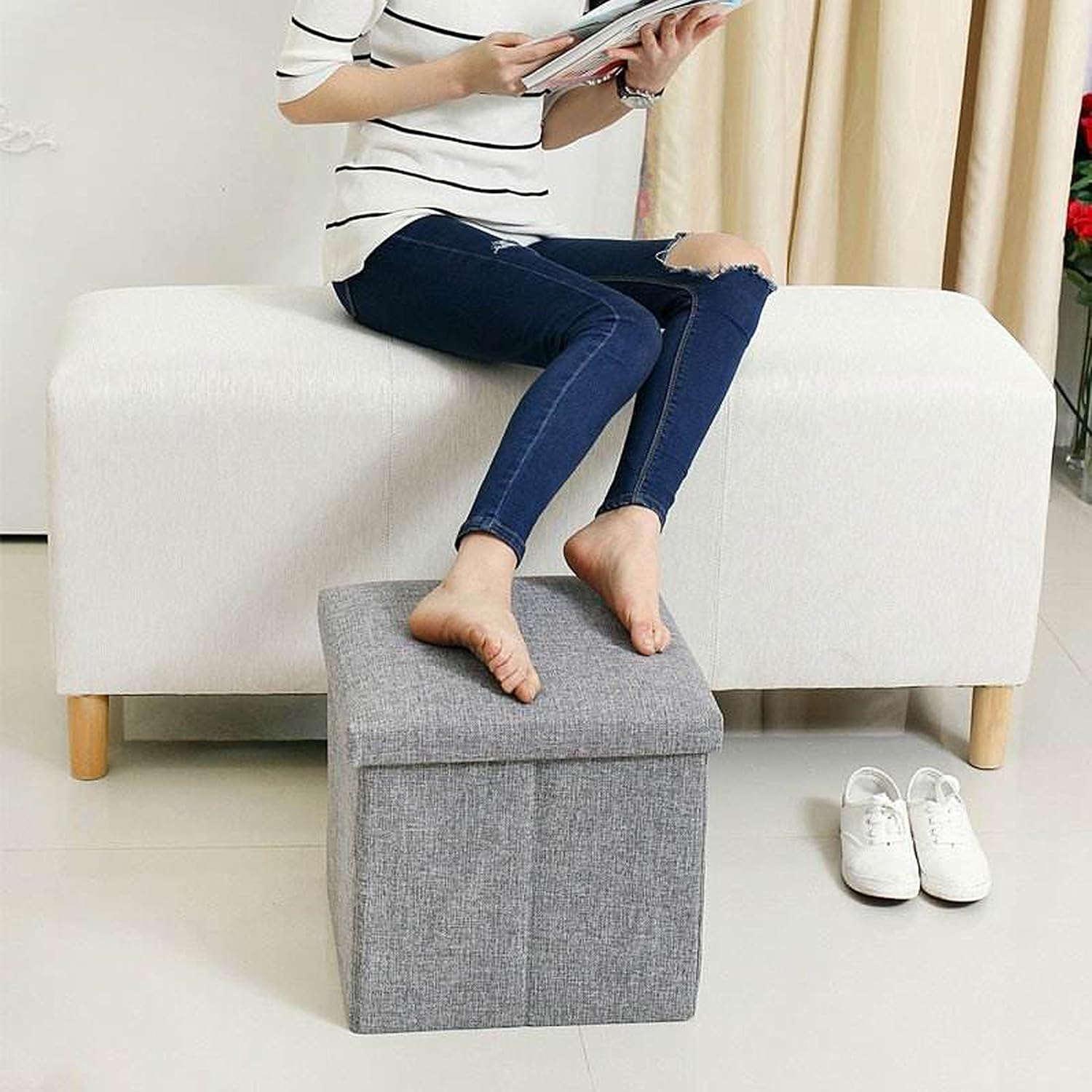 NISUNS OT01 Linen Folding Storage Ottoman Cube Footrest Seat, 12 X 12 X 12 Inches (Linen Gray): Kitchen & Dining