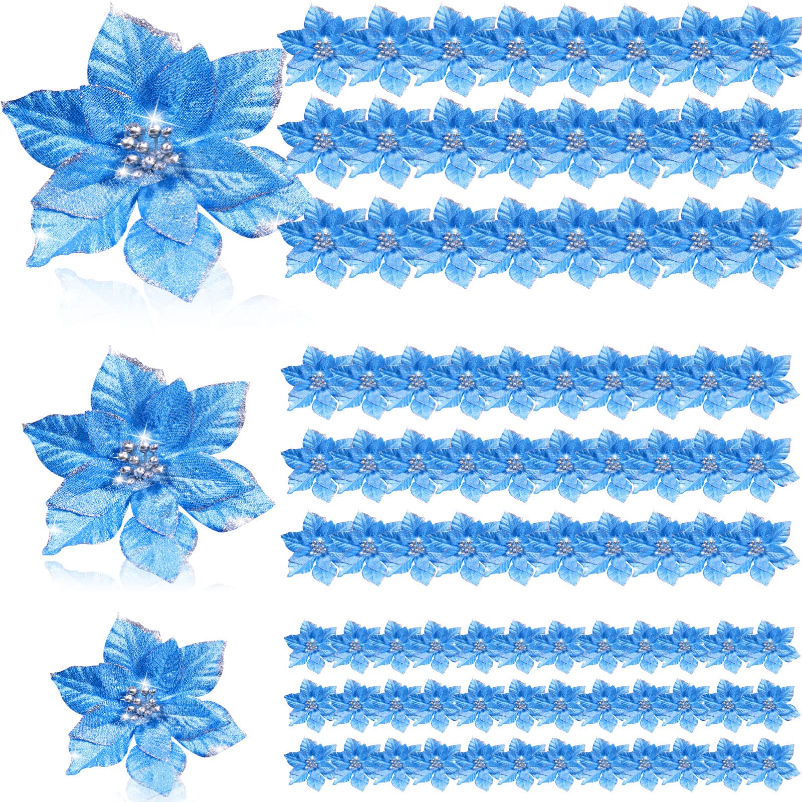 Geosar 100 Pcs 3 Size Christmas Poinsettia Flowers with Clips Glitter Artificial Flowers Small Christmas Tree Ornaments Faux for Xmas Party DIY Craft Wreath Garland New Year, 3/4/6 Inches(Blue)