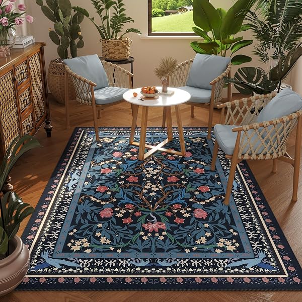 VOWKTEN AREA RUG 4X6 RUG WASHABLE VINTAGE FLORAL BOTANICAL RUGS NON SLIP LOW PILE SMALL CARPET FOR BEDROOM, BEDSIDE, KIDS ROOM, OFFICE, DINING ROOM, BLUE