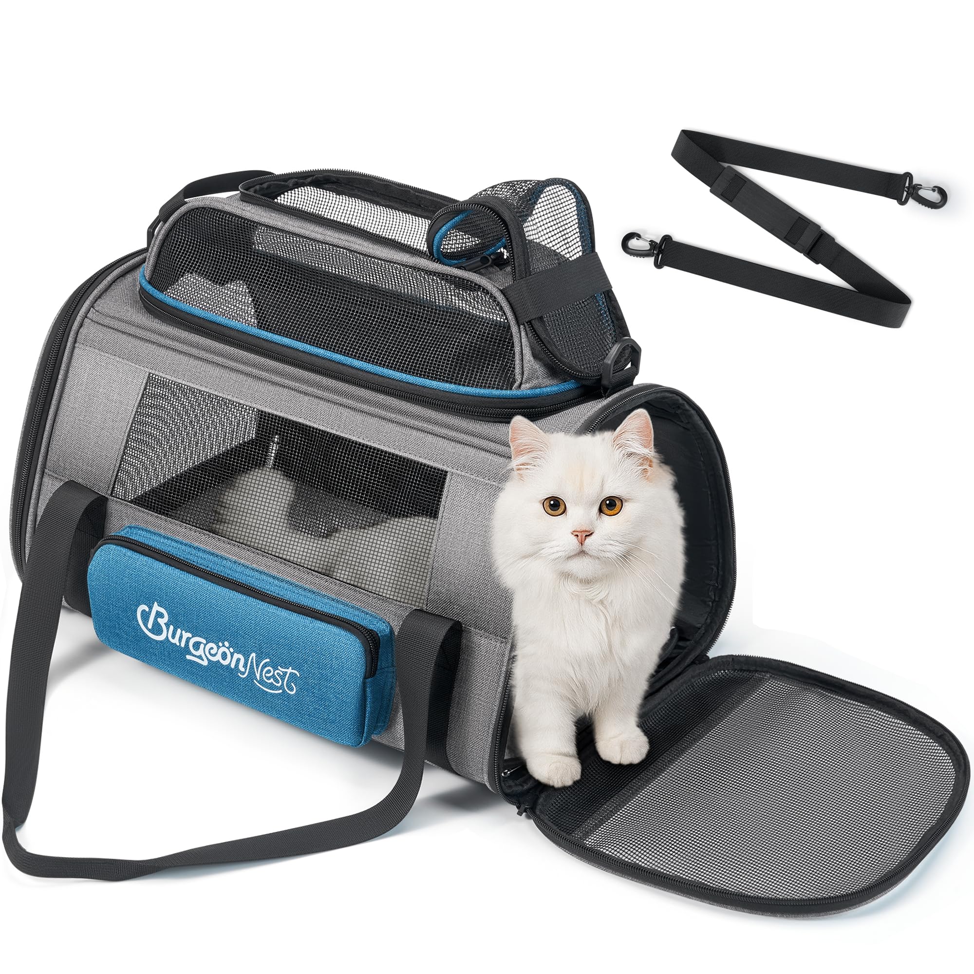 Photo 1 of BurgeonNest Top-Expandable Pet Carrier, Airline Approved Dog Cat Carrier, Soft-Sided Puppy Kitten Carriers Up to 15 Lbs, Underseat Travel with Storage Pocket and Anti-Scratch Mesh, 18x11x11, Blue