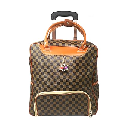 Di Grazia 2 Wheel Overnight Travel Tote, Cabin Luggage Bag, Weekend Trolley Bag (Black Brown, Brown-Checks-2wheel-Large-Cabin-Trolley)
