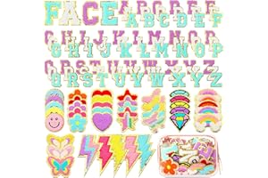 Yilloog 120 Pcs Chenille Letter Patches Iron on Patches Embroidered Patches Include 78 Sew Letter Patches 42 Star Heart Flower Patches Gift for Jackets Clothing DIY (White, Blue, Purple)