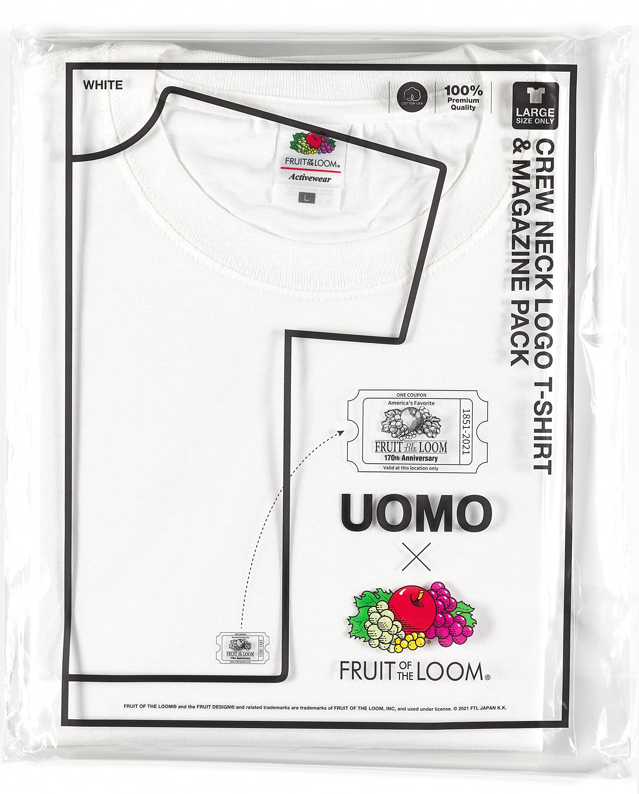UOMO2021年7月号×FRUIT OF THE LOOM クルーネックロゴTシャツ&マガジンパック(ホワイト):5/25発売【雑誌付録】フルーツオブザルーム クルーネックロゴTシャツ(ホワイト)