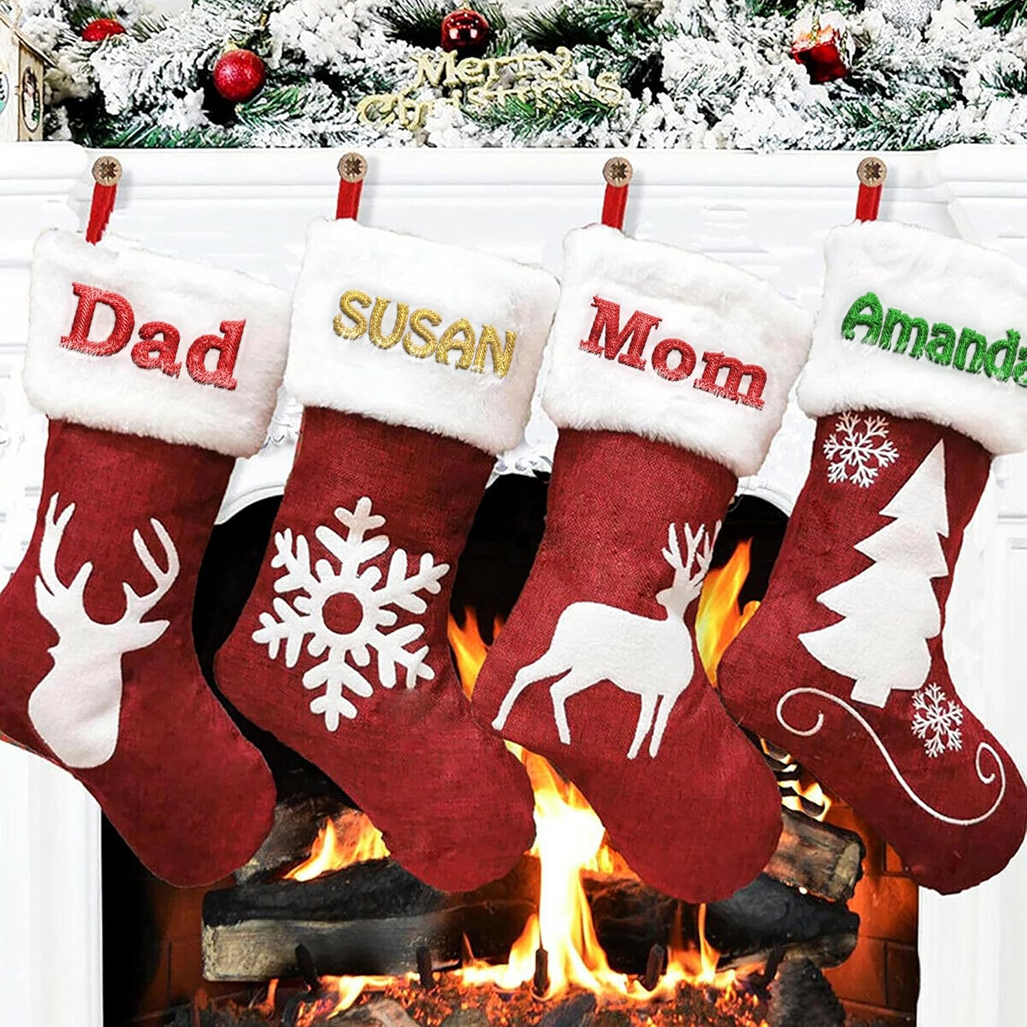 Stockings & Holders - Personalized Christmas Stockings (20 inch) Custom Embroidered Name Fleece & Linen Burlap Red Rustic Farmhouse Fireplace for Family Decorations Holiday 2022 Xmas Gift - 1 Pack