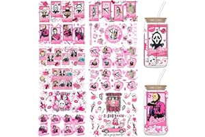 CIYAOO 12 Sheets Pink Halloween UV DTF Cup Wraps, Scary Halloween Rub on Transfers for Crafts, Waterproof Transfer Stickers for Glass Cups, Pink UV DTF Stickers Decals for Furniture Craft DIY Craft