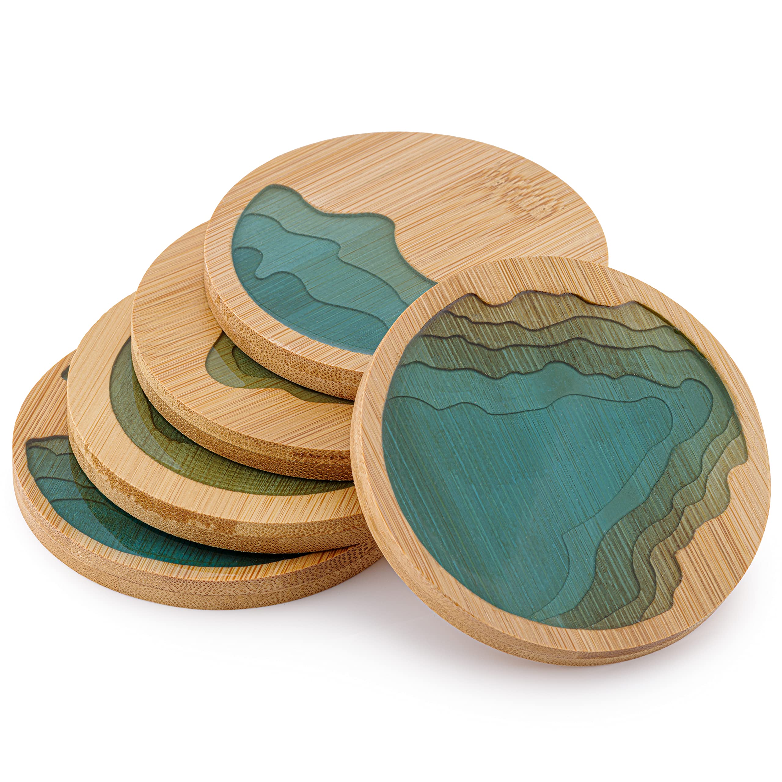 Round Ocean Wave Epoxy Resin and Bamboo Coaster Drink Mat - 5 Pack - by Thetford Design