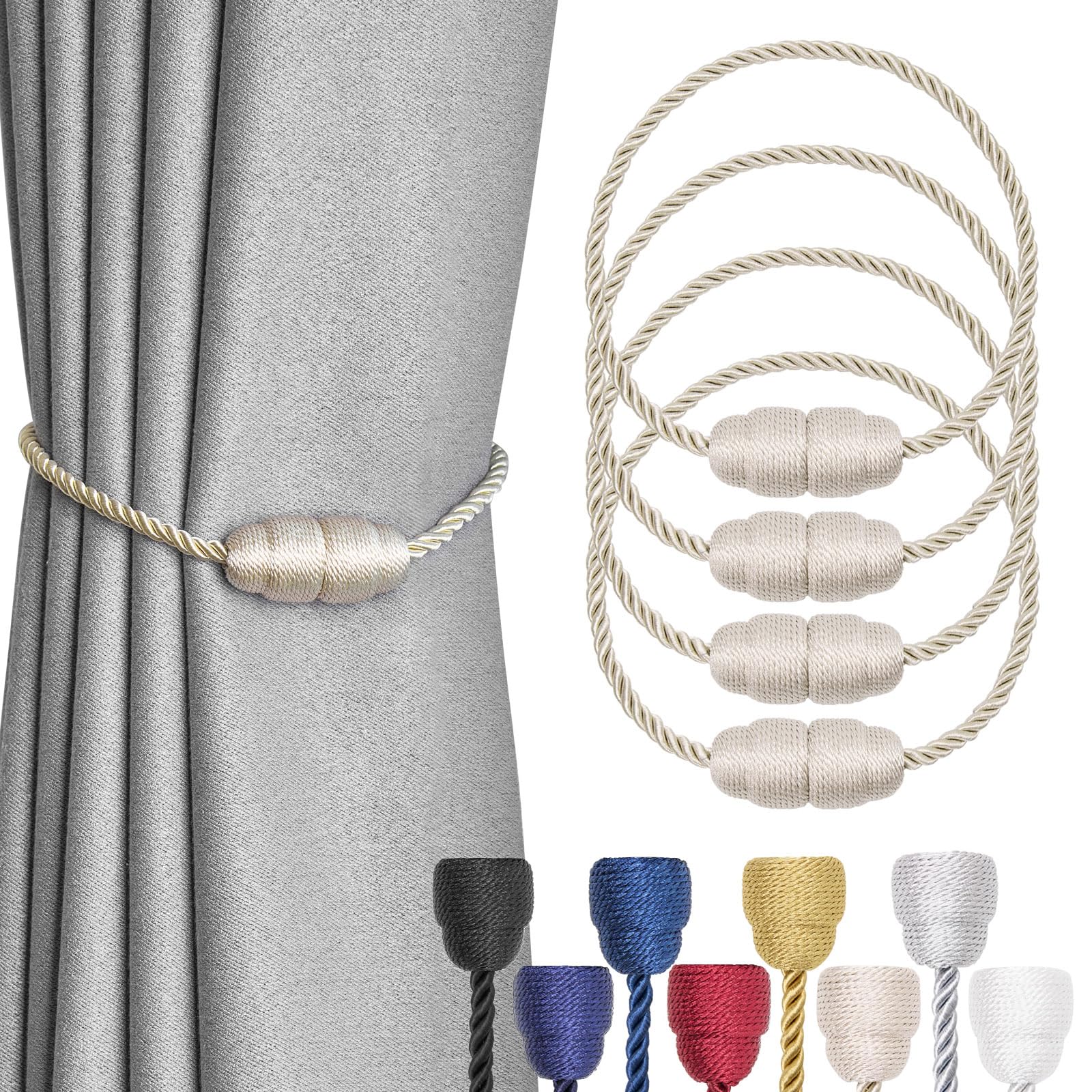 Pretty Jolly 4 Pack Strong Magnetic Curtain Tiebacks - Handmade Weave Side Rope Holdbacks, Unique & Elegant Decorative Drape Tie Backs for Home & Office Window Drapery (Beige)