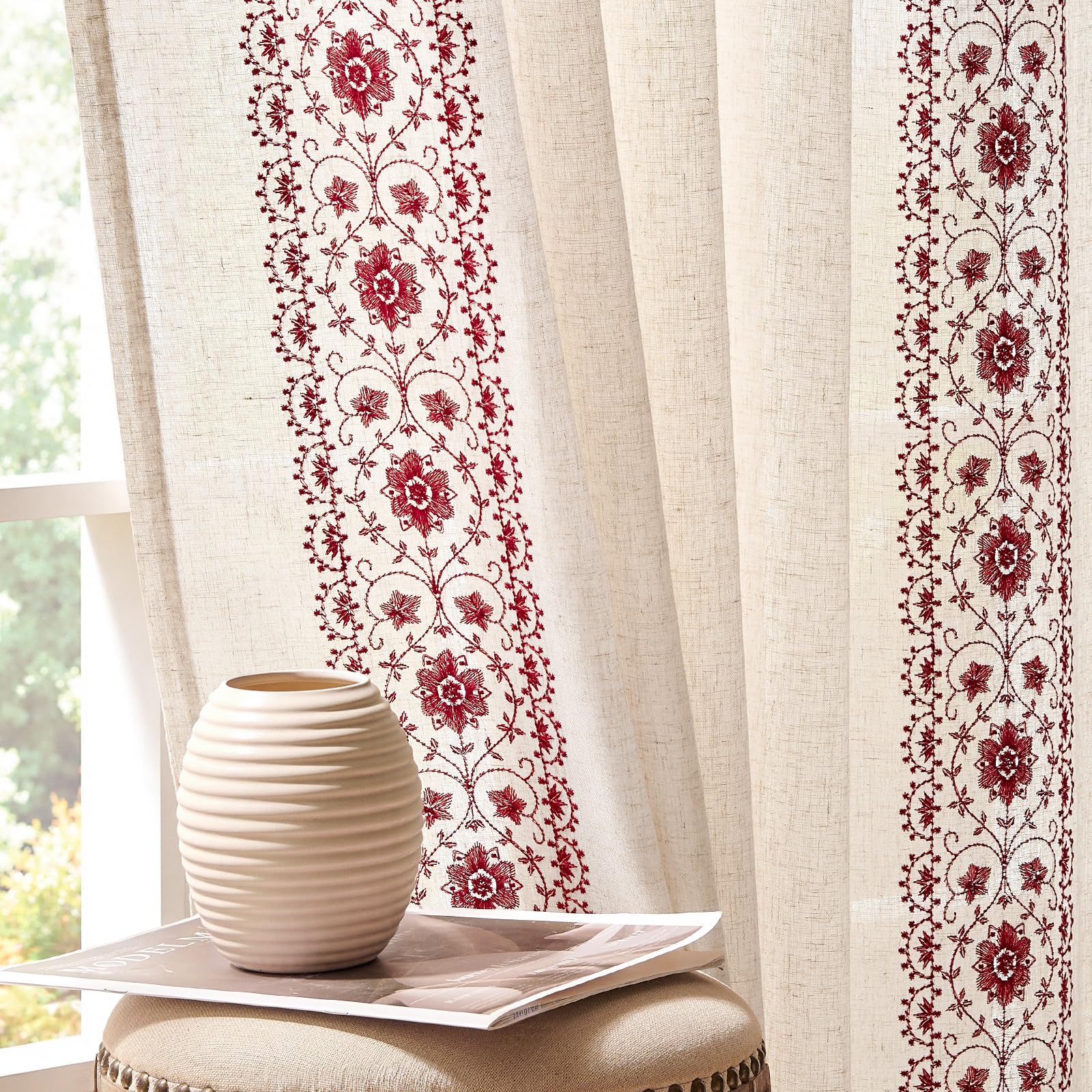 Photo 1 of jinchan Boho Curtains for Bedroom Red Vintage Floral Farmhouse Curtains 96 Inches Long Linen Blend Drapes for Living Room Embroidered Light Filtering Drapes Rod Pocket Red on Beige 2 Panels