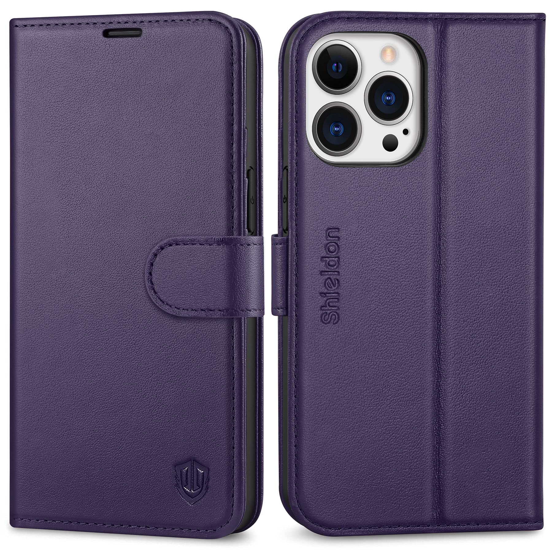 Shieldon Case for iPhone 13 Pro 5G, Genuine Leather Wallet Case Cover Card Slots [RFID Blocking] Anti-Shock Stand Function Compatible with iPhone 13 Pro (6.1-Inch, 2021) - Purple