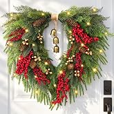 Christmas Wreath with Lights, 24’’ Christmas Wreaths for Front Door | Heart-Shaped Christmas Norfolk Pine Wreath with Red Berries Bells Lighted Christmas Wreath for Window Door Indoor Outdoor