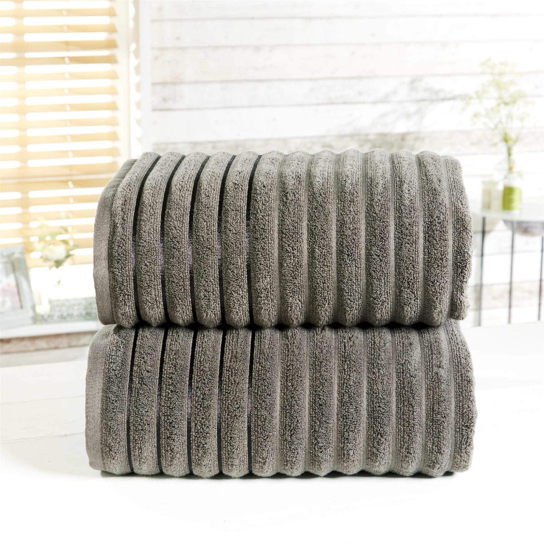 Rapport Home Rapport Ribbed 2 Piece 100% Cotton Towel Set, Charcoal, Bath Sheet-90 x 140cms