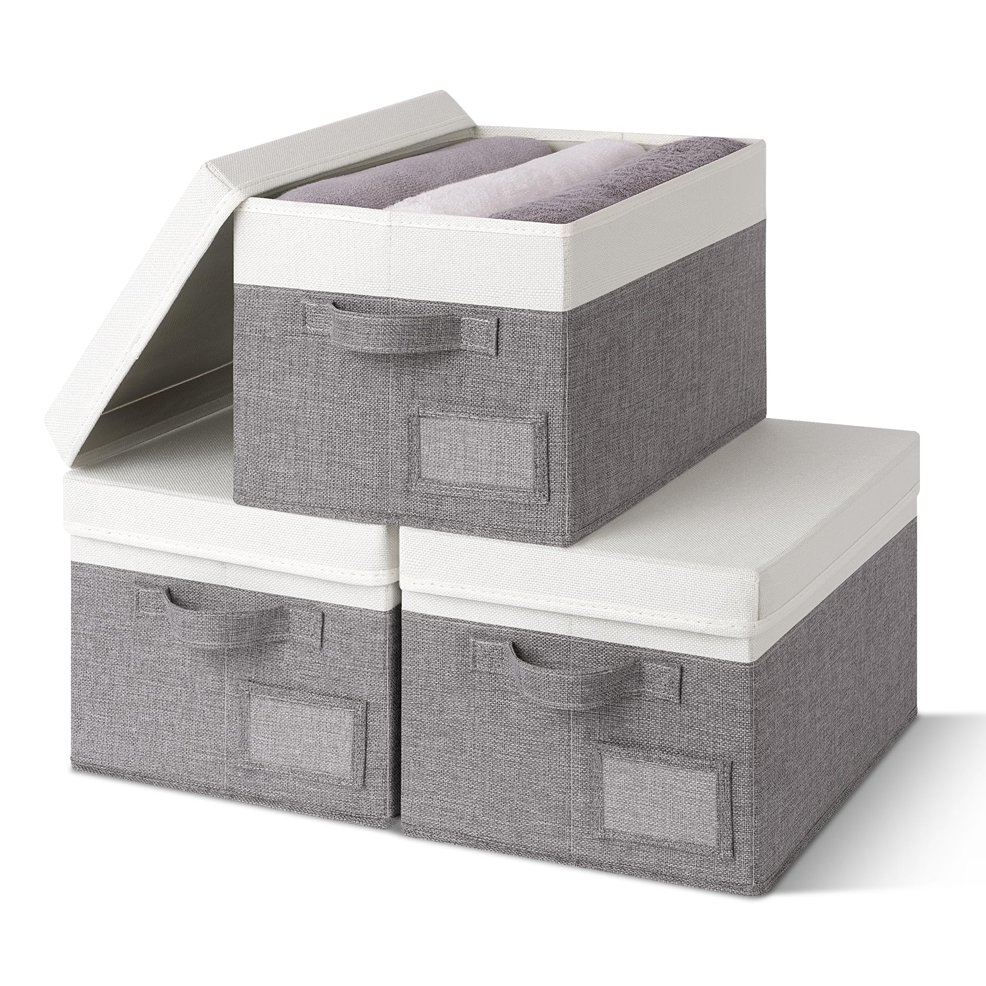 GRANNY SAYS Storage Boxes with Lids Fabric, Pack of 3 Top of Wardrobe Storage Boxes, Wardrobe Clothes Organisers, Cloth Bin Baskets for Shelves, Stackable Box with Handle for Organising