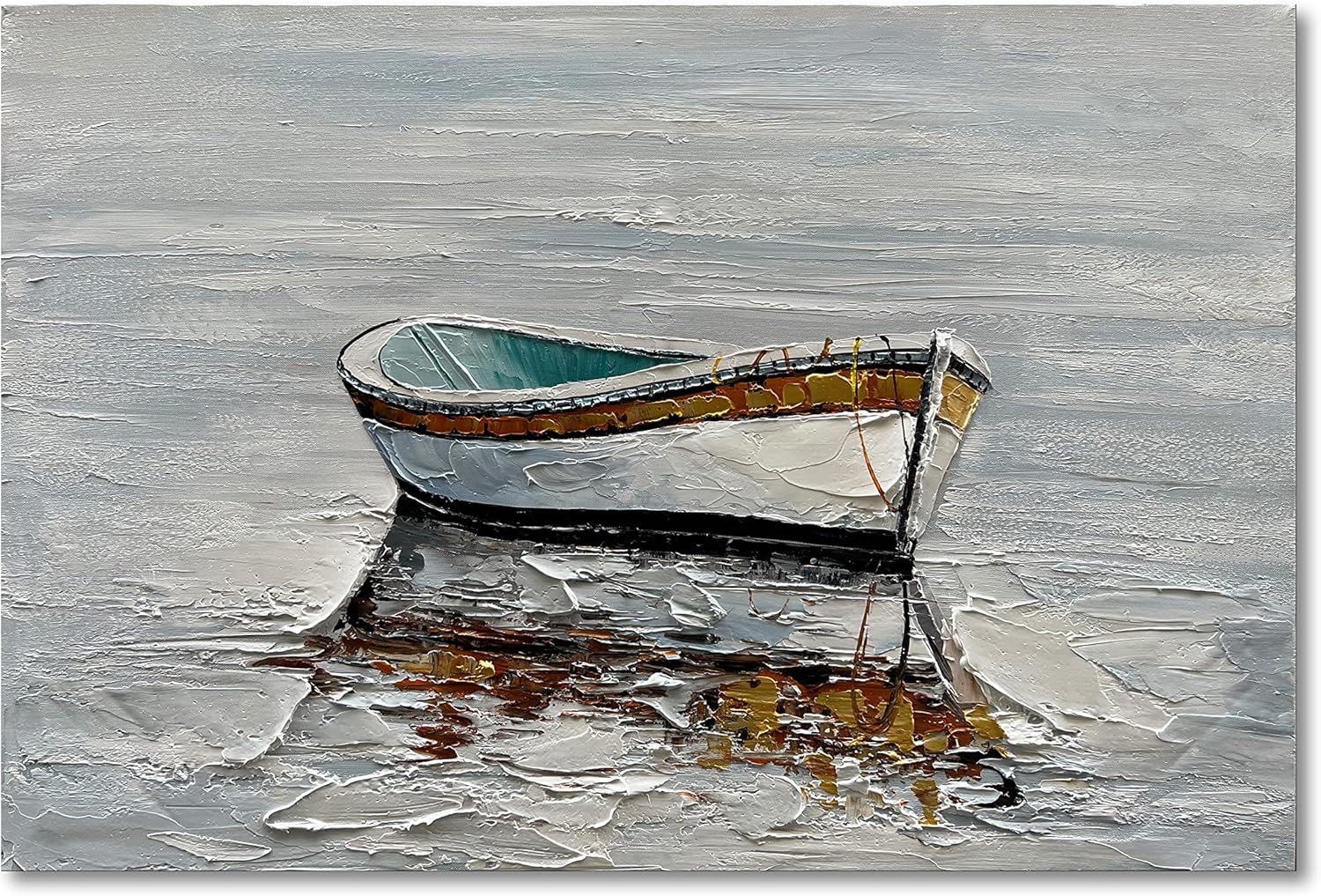 Paintings - Limiyer Art Hand-Painted Ocean Boat Painting Art Deco Seascape Canvas Wall Art Abstract Painting 24x36 Inch Home Art Wall