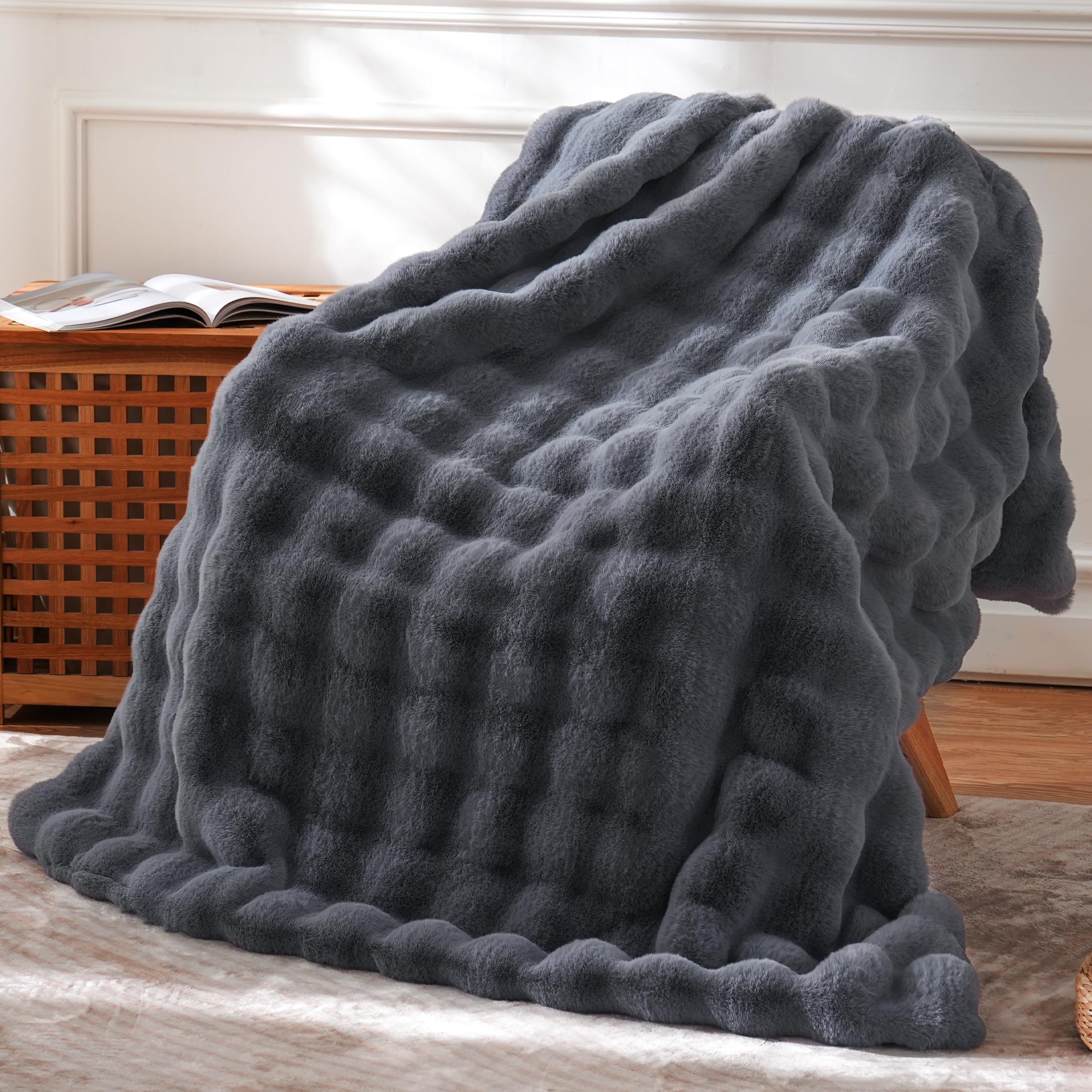 BENVWE Faux Fur Throw Blanket, Soft, Cozy and Thick, Polyester, 51x63 Inches, Graphite Gray