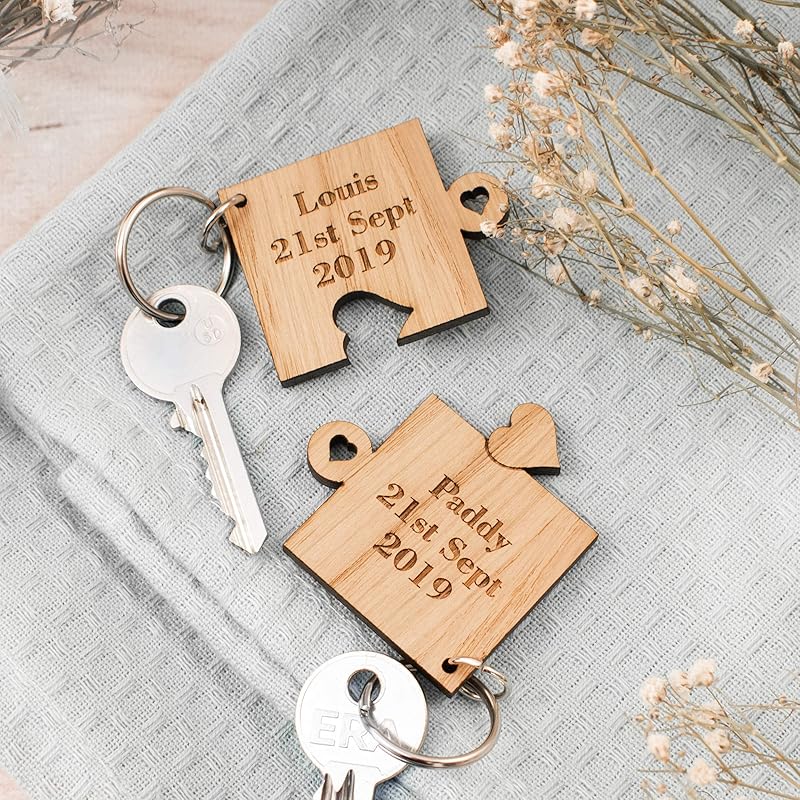 2 x Personalised Jigsaw Puzzle Piece Wooden Keyrings Each Engraved with