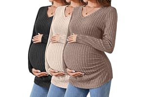 Ficerd 3 Pack Women's Maternity Shirts Ribbed Long Sleeve Pregnancy Tops V Neck Knit Side Ruched Pregnant Clothes Sweater