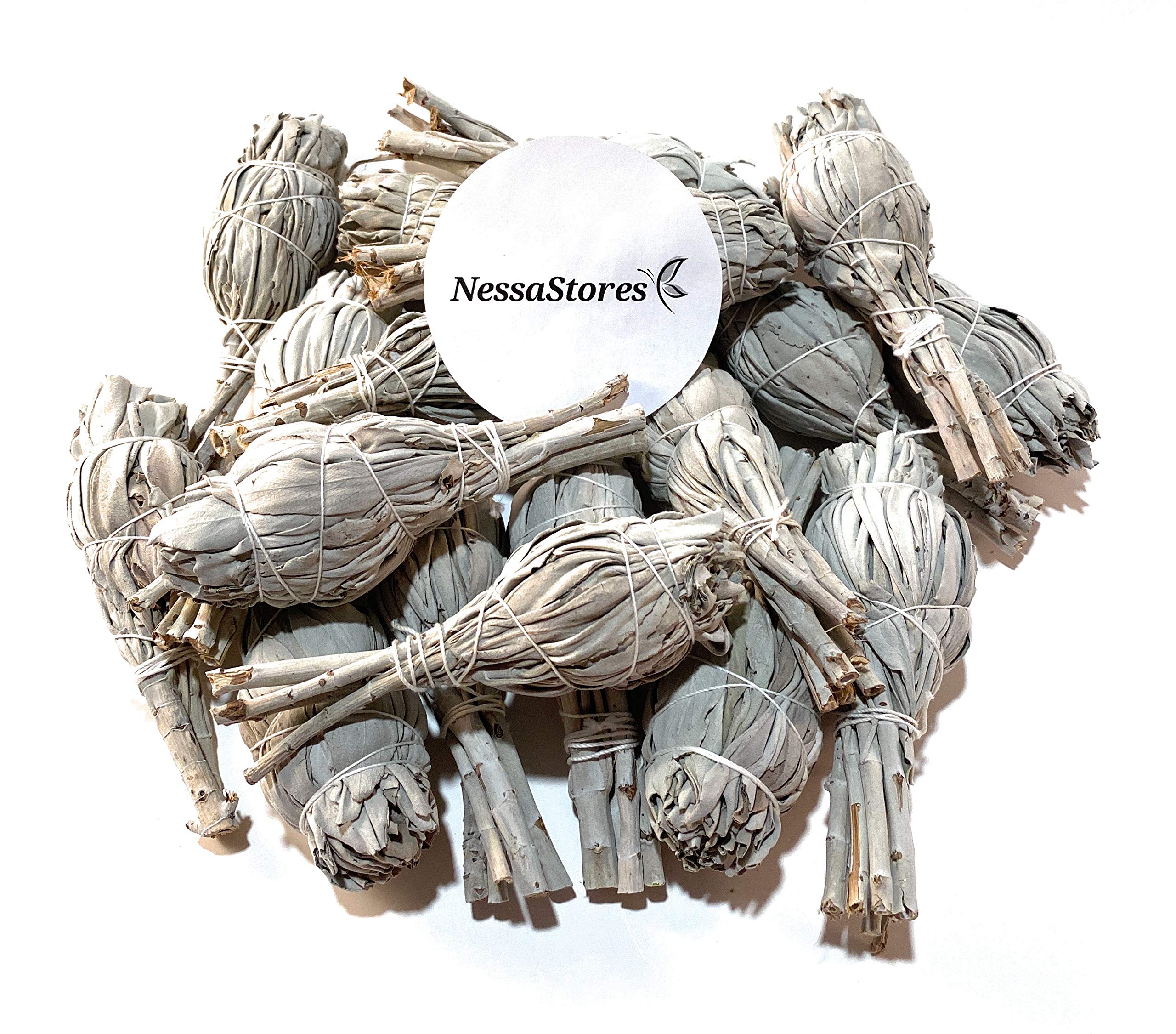 NessaStores 40 California White Sage Smudge Sticks, 3 to 4 Inch Hand Tied, All Natural for Home Cleansing, Stress Relief, & Clearing Negative Energy JC-005
