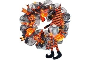 Ridota Halloween Wreath for Front Door, Halloween Gnome Outdoor Lighted Decorative Wreath, Front Door Wreath for Indoor Outdoor Halloween Home Party Decorations
