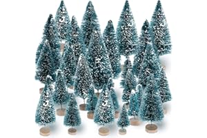 Sumind 45 Pieces Mini Sisal Snow Frost Trees Mini Pine with Wood Base Bottle Brush Trees Plastic Winter Snow Ornaments Tabletop Trees for Christmas Decoration and Display