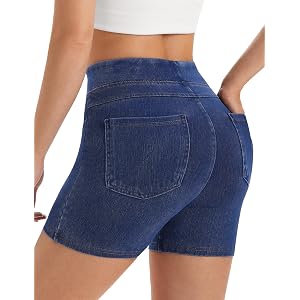 AVAMO Stretchy Jean Shorts for Women Pull On High Waisted Denim Shorts Elastic Waist Tummy Control Jorts with Pockets