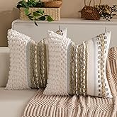KOOLIFE Boho Chenille Tufted Couch Throw Pillow Covers 18x18 Inch Set of 2 Farmhouse Striped Decorative Pillow Covers Accent Neutral Pillowcase Brown Cushion Cover for Living Room Sofa Bed