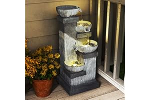 Outsunny 33.5" Tall Outdoor Water Fountain, 4-Tier Floor Standing Resin Cascading Bowls Waterfall Fountain with LED Lights, P