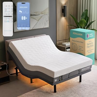 Renanim SFE Adjustable Bed with Mattress & Massage, Queen Adjustable Bed Frame + Medium Soft Mattress - Cooling Gel Memory Foam Mattres, USB, UnderBed Light, Wireless Remote