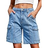 IWD Bermuda Cargo Denim Shorts for Women Knee Length 6 Pockets Elastic Waist Long Jorts for Summer Casual