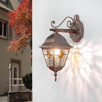 Elegante Wandlampe Aussen Kupfer Antik Buntglas Element E27 H 32cm