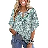 Vivilli Womens Boho Summer Tops 2026 Casual Floral V Neck Short Sleeve Blouses Tie Front Flowy Shirts Beach Vacation Clothes
