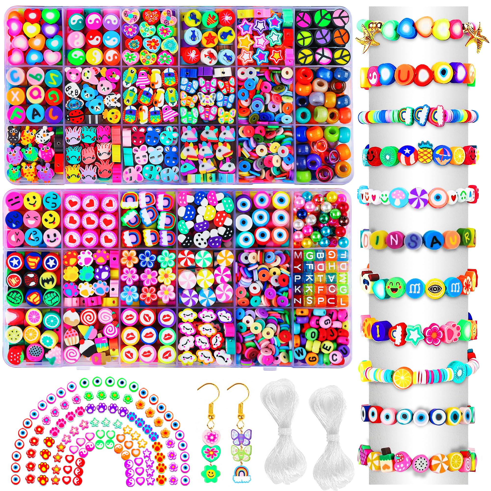 1560pcs Polymer Clay Beads Bracelet Making Kit,36 Styles Cute Fun Heart Flower Fruit Animal Letter Bracelet Beads Charms for Jewelry Necklace Making DIY Accessories for Women Teens