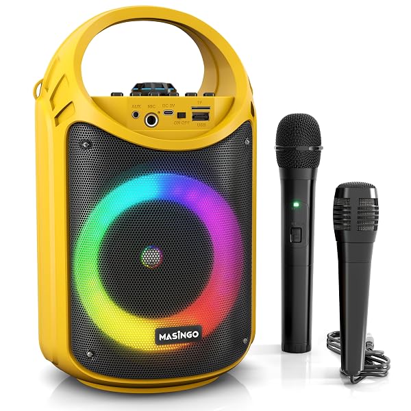 MASINGO KARAOKE MACHINE FOR KIDS AND ADULTS WITH 1 WIRELESS KARAOKE MICROPHONE AND 1 WIRED MIC, PA PORTABLE SPEAKER WITH LED LIGHTS, SUPPORTS TF CARD/USB, AUX/MIC IN, TWS FOR HOME PARTY, BURLETTA C10
