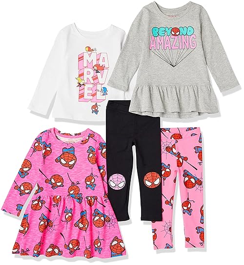 Amazon Essentials Disney | Marvel | Star Wars | Frozen | Princess Toddler Girls' Mix-and-Match Outfit Sets, Pack of 5, Marvel Spider-man, 3T