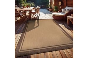 CAMILSON Indoor Outdoor Rug, 6x9 Bordered Camel Brown Modern Area Rugs for Indoor and Outdoor Patios, Kitchen and Hallway Mats, Washable Porch Deck Outside Carpet (Bordered Brown, 6x9)