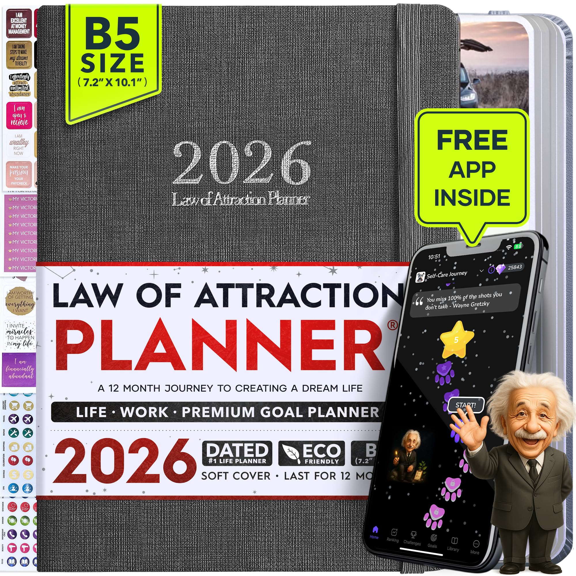 Law of Attraction Planner 2026 - Hourly, Weekly & Monthly Goal Setting Planner, 12 Month Journey to Increase Productivity | Life & Gratitude Journal, Include Foldable Vision Board, Gift Box & Stickers