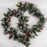 CRSMATTS Pre-Lit Artificial Christmas Garland, Snowflake Garland, White Lights 50, Decorated with Pine Cones, Berry Clusters, Plug in, Christmas Decorations, 9 Feet