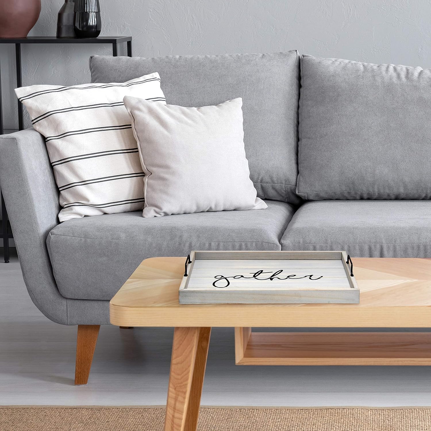 Elegant Designs HG2000-GGH Wood w-Handles Decorative Serving Tray, 15.5" x 12", Gray Wash Gather: Home & Kitchen