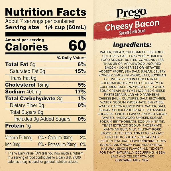 PREGO CHEESY BACON CHEDDAR CHEESE SAUCE, 14.5 OZ JAR