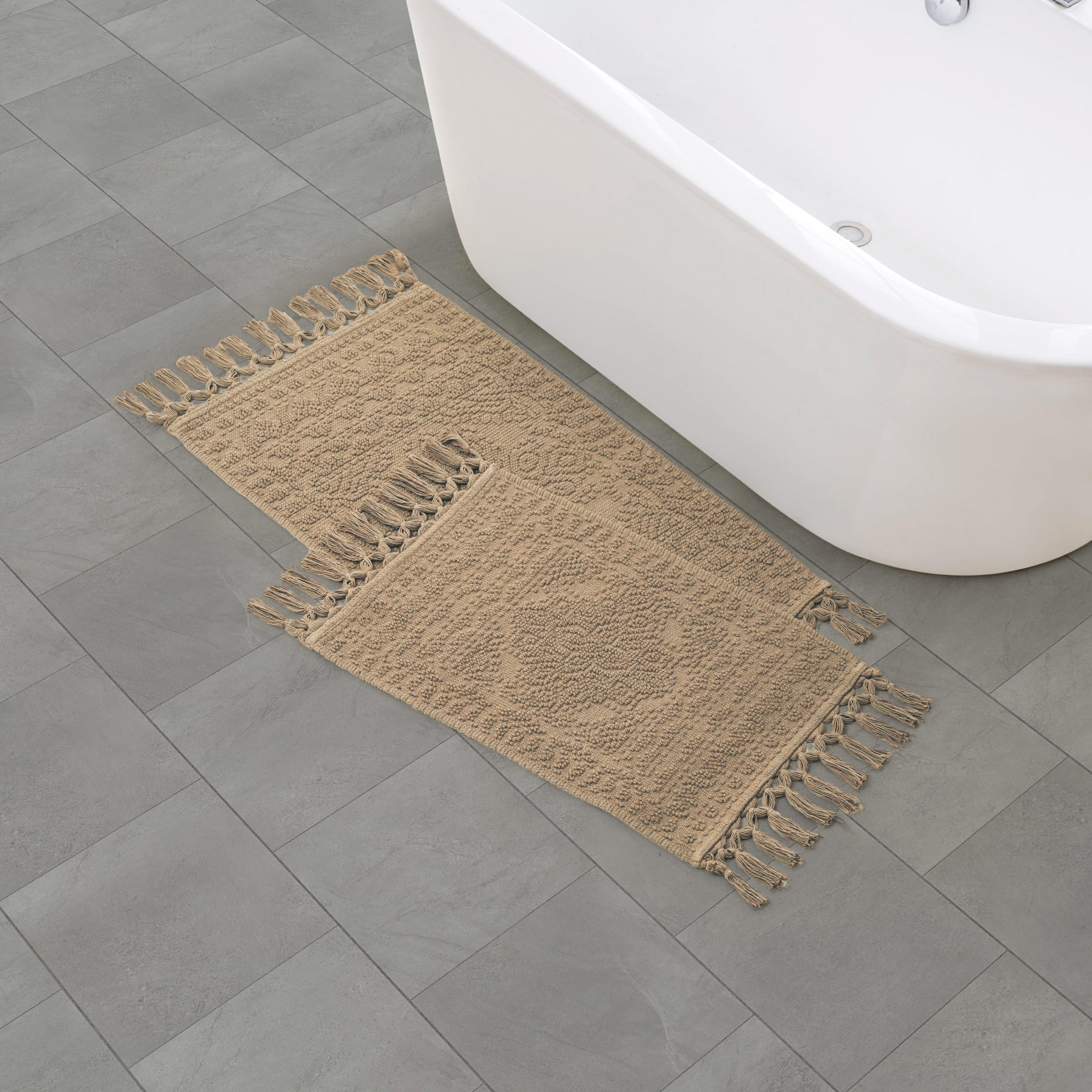 French Connection Nellore Bath Rugs, Set of 2 Woven and Beaded Bath Mats, Durable and Thick Bath Mats for Bathroom and Shower Rugs, 17" x 28" and 20" x 38", Taupe Image