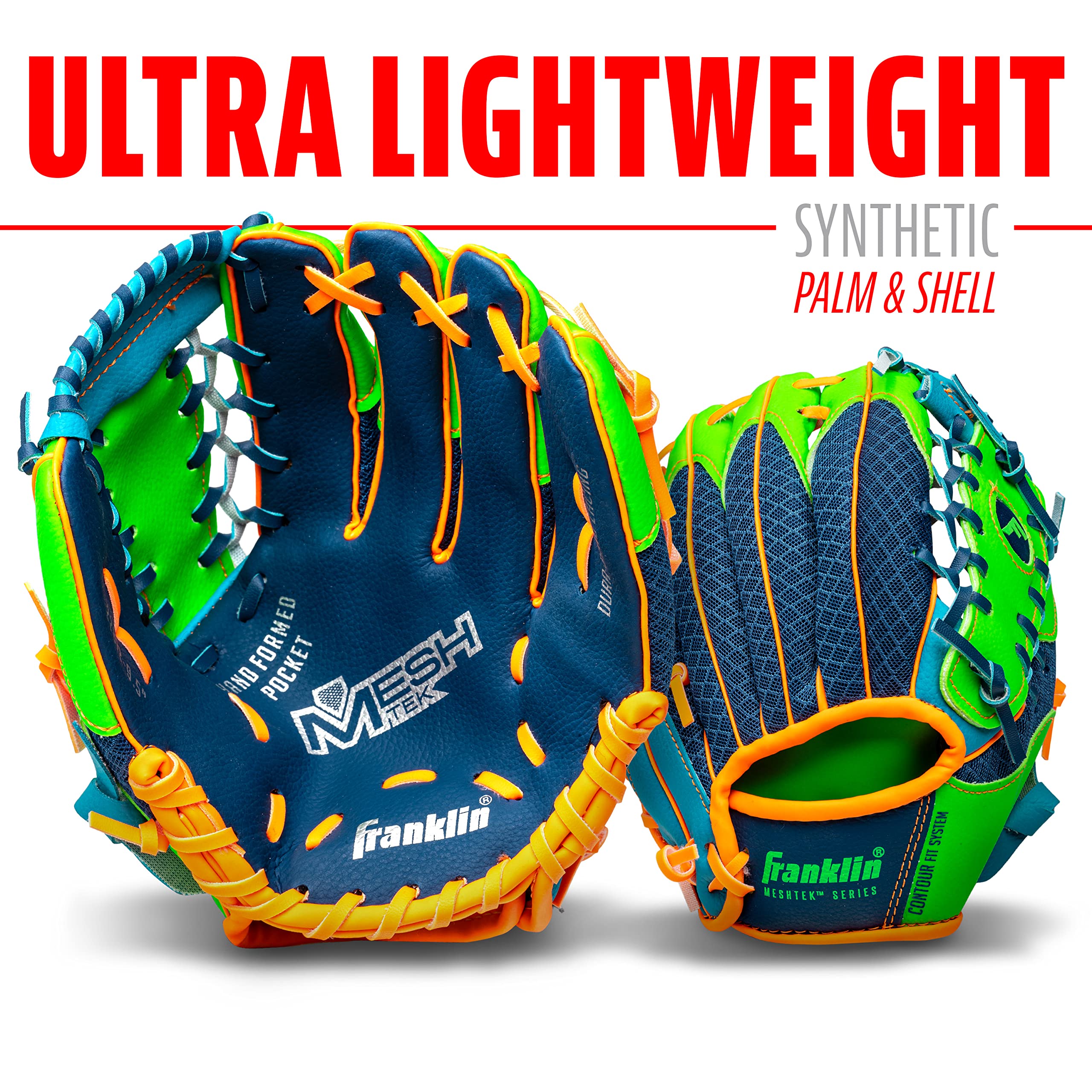 Franklin Sports Kids Baseball Glove + Foam Ball Sets - Meshtek Youth Teeball Gloves for Kids + Toddlers - Left + Right Hand Throw - 9.5
