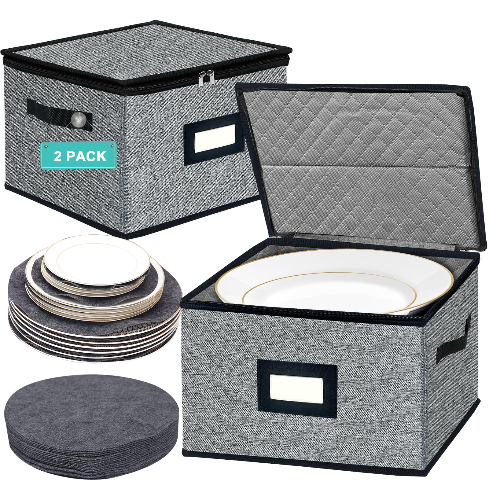VERONLY (2 Pack) Dinner Plate Storage Box with Lid- Hard Shell Dish Case with Handle, Metal Zipper, Anti-friction Felt Pads，China Storage Container for Home 30.5x30.5 cm(Dark Grey)