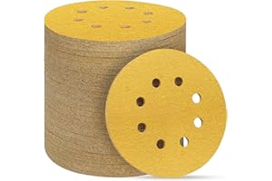 POTUINOM 100PCS 5 Inch 8 Hole Sanding Discs 80 Grit,Gold Round Hook and Loop Sandpaper for Random Orbital Sander